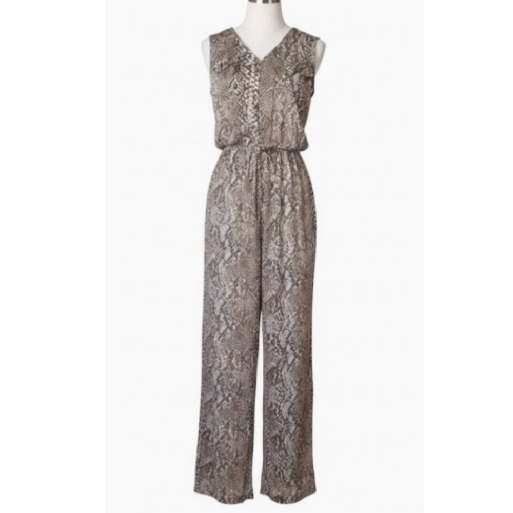 Emma & Michele Snakeskin Jumpsuit Large Sleeveless Gold Accent Zip Front Pocket